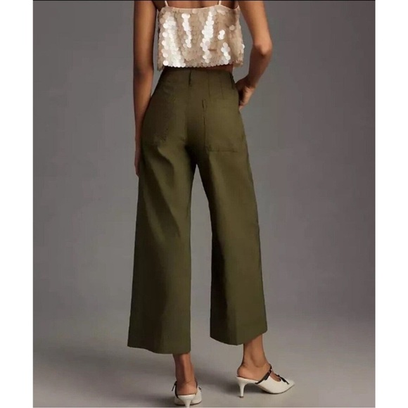 Anthropologie The Colette Linen Cropped Wide Leg Pants Maeve Edition Green 27 - Picture 2 of 9